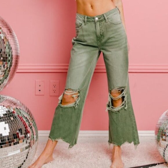 Olive Green Distressed Wide-Leg Crop Jeans - Picture 3 of 9
